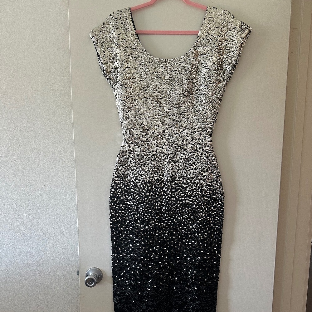 Vintage 1950s Handknit Silver and Black Gradient Sequin Wool Floor Length Gown